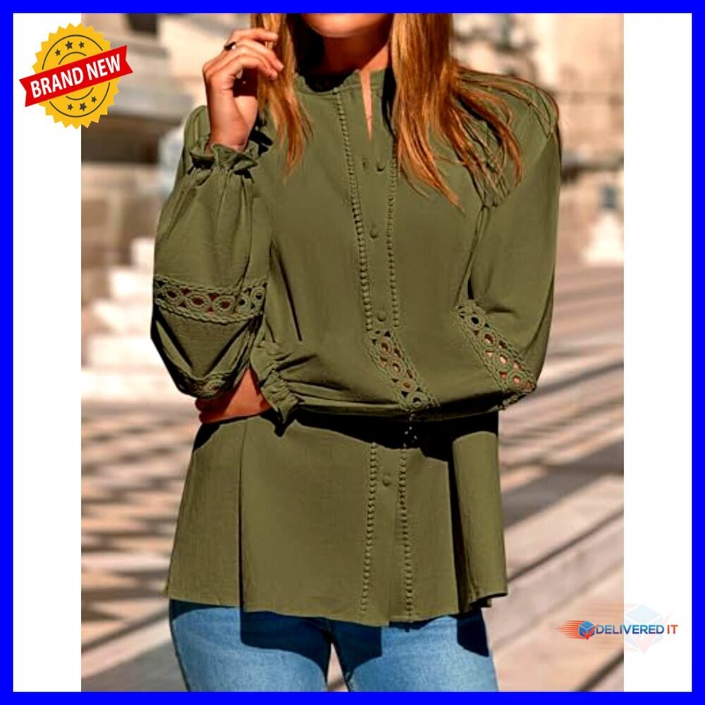 Long Sleeve Cotton Eyelet Blouse, Boho Button-Up Shirt, Spring Top - Picture 6 of 7